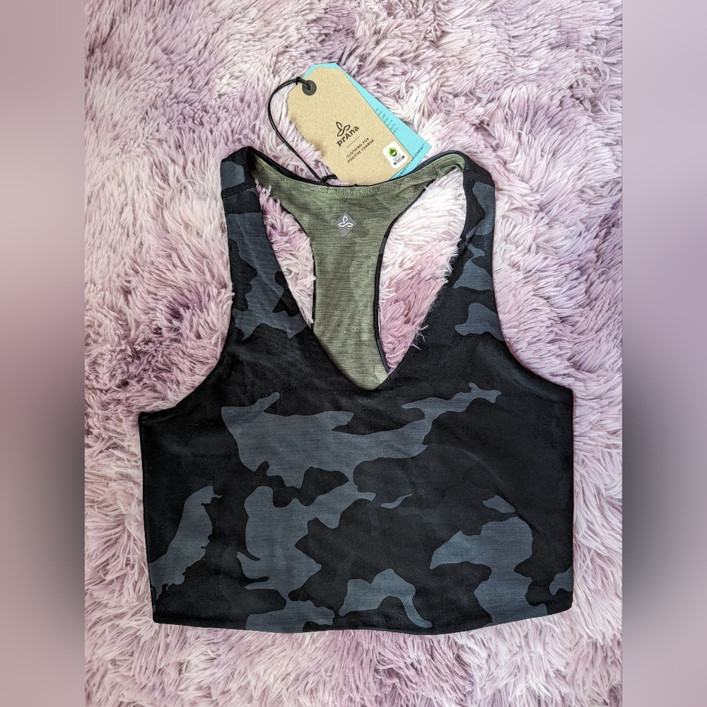 Prana Momento Crop Racerback Top Black Camo Sport Top Bra size S
